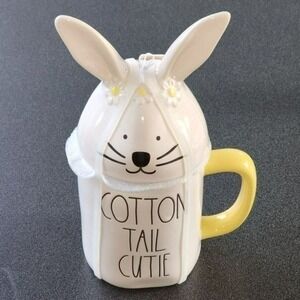 Rae Dunn White Cotton Tail Cutie Bunny Ceramic Coffee Mug With‎ Topper 16oz